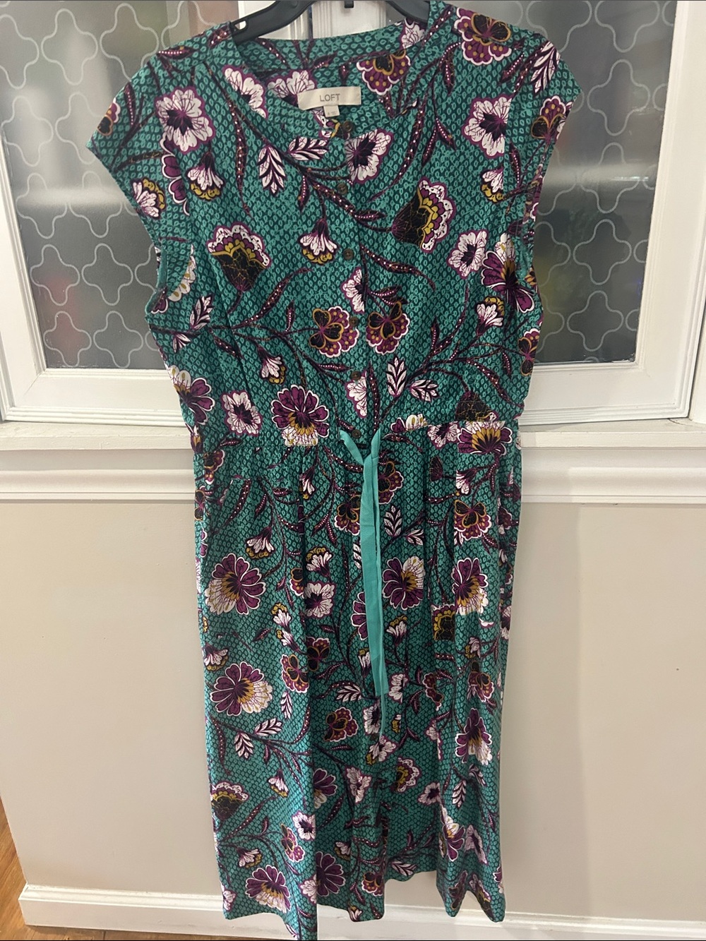 LOFT Teal Floral Tie-Waist Midi Dress